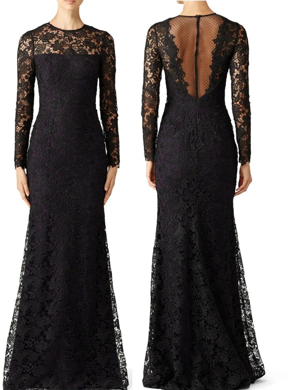 Monique Lhuillier Black Lace Mesh Back Column Formal Gown Plum Lining‎ 16 EUC